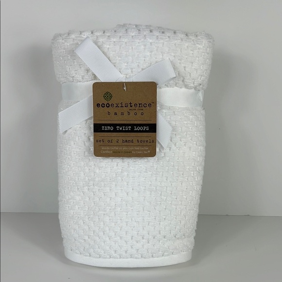 Ecoexistence Bamboo Bath Hand Towels White 2pc Set Cotton Rayon Soft NEW - Picture 1 of 10